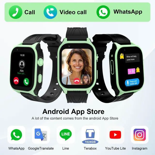 Alt view image 2 of 6 - 4G Kids Smart Watch with SIM Crad GPS Tracker Whatsapp 1.83" Large Touch Screen WiFi, Call, Voice Video Chat, SOS, Bluetooth, Alarm, Pedometer, Music, Camera Children for Age 4-15 Gift Green