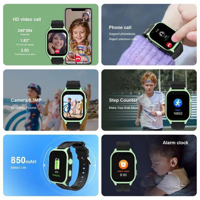 Alt view image 6 of 6 - 4G Kids Smart Watch with SIM Crad GPS Tracker Whatsapp 1.83" Large Touch Screen WiFi, Call, Voice Video Chat, SOS, Bluetooth, Alarm, Pedometer, Music, Camera Children for Age 4-15 Gift Green