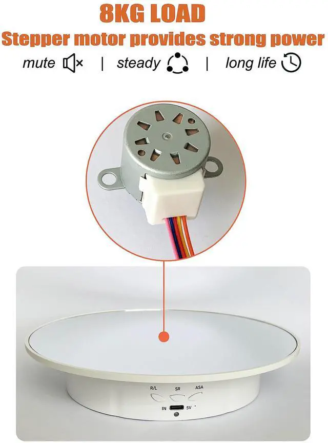 Alt view image 5 of 7 - Electric Turntable, 360 Degree Adjustable speed Revolving Base for Photography,Jewelry,3D Models,Watch, USB Power Supply,Motorized Turntable/7.8 inches/Load 17 LB (White Mirror)