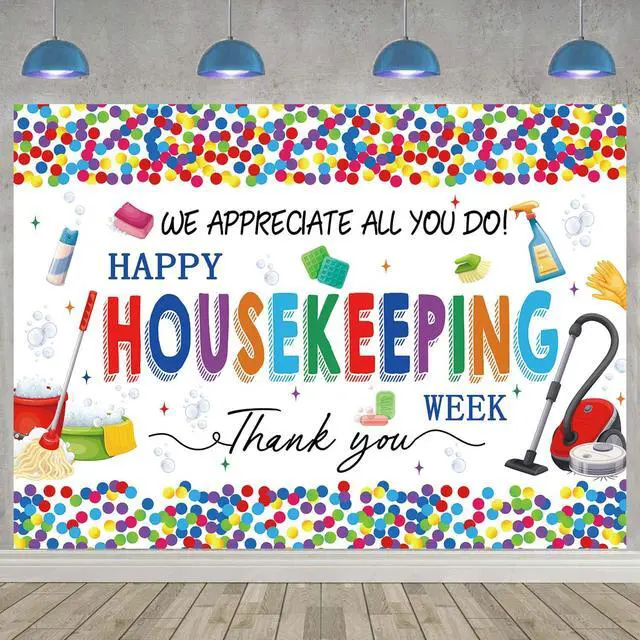 Main image of Happy Housekeeping Week Banner Backdrop 8x6FT Thank You Cleaning Staff Background for Housekeeper Appreciation, Environmental Services Week Party Decorations Photo Props