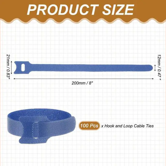 Alt view image 2 of 7 - 8 Inch Reusable Cable Ties, 100 Pcs Adjustable Fastening Hook and Loop Straps Cord Management Wire Wrap Organizer for Home Office Cables, Blue