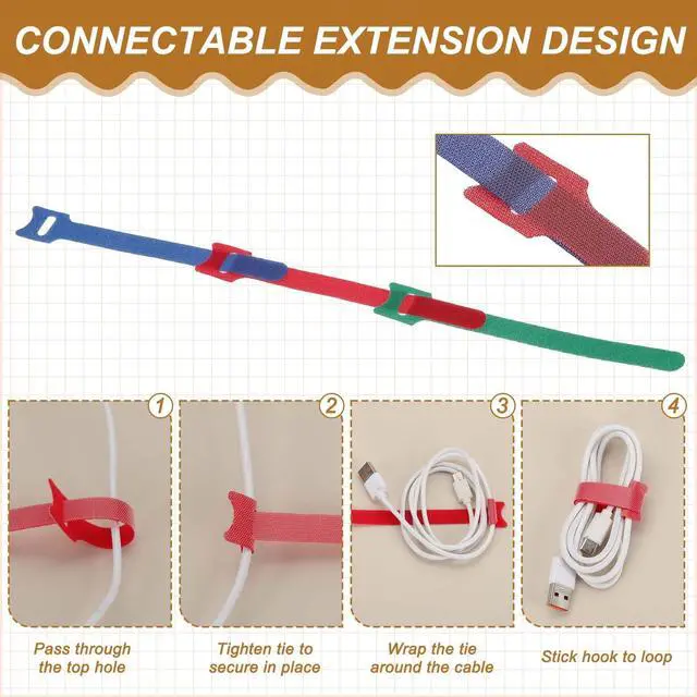 Alt view image 4 of 7 - 8 Inch Reusable Cable Ties, 100 Pcs Adjustable Fastening Hook and Loop Straps Cord Management Wire Wrap Organizer for Home Office Cables, Blue