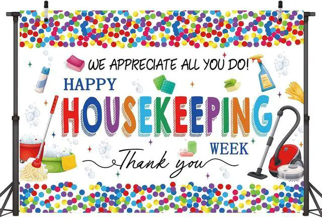 Alt view image 2 of 7 - Happy Housekeeping Week Banner Backdrop 8x6FT Thank You Cleaning Staff Background for Housekeeper Appreciation, Environmental Services Week Party Decorations Photo Props