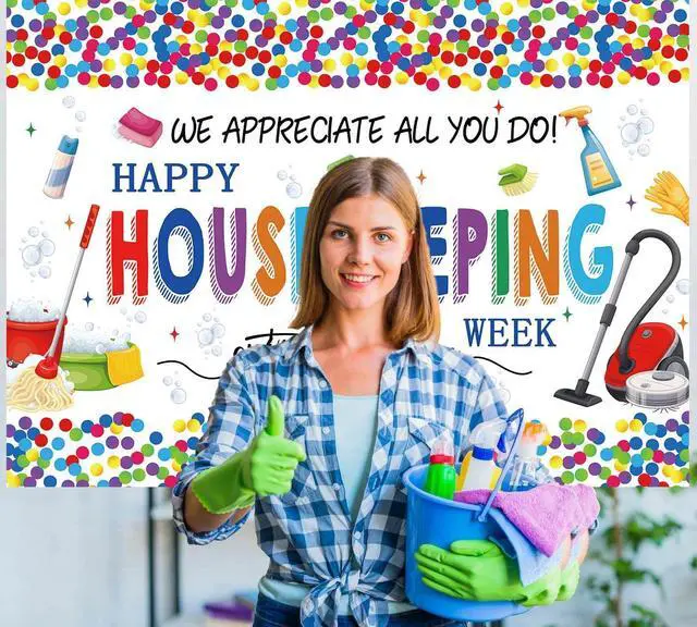 Alt view image 3 of 7 - Happy Housekeeping Week Banner Backdrop 8x6FT Thank You Cleaning Staff Background for Housekeeper Appreciation, Environmental Services Week Party Decorations Photo Props