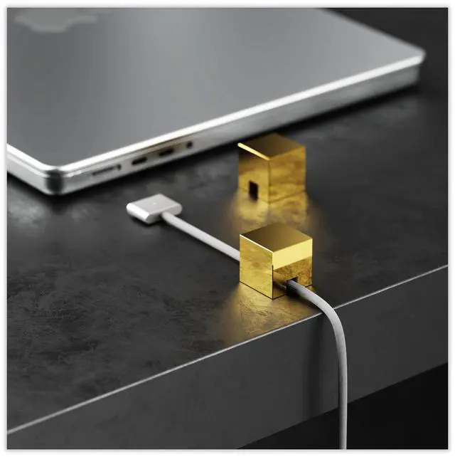 Main image of (2 PCS - Gold) Metal Cord Holder, Weighted Cable Organizer or Management, Heavy Wire Keeper for Nightstand, Desk, Bedside Table - Cube Cords Strap for Lightning, USB-C Phone Charger Cables