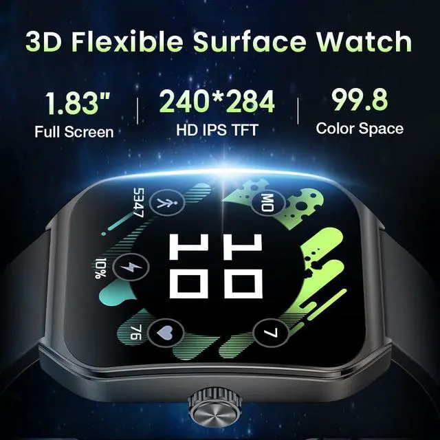 Alt view image 2 of 6 - 1.83" Smart Watch 3D Curved Glass IP68 Waterproof Fitness Tracker | 7-Day Long Battery Life, HD Large Display Sleep Heart Rate Blood Oxygen Monitoring