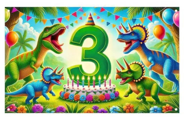 Main image of 3rd Green Dinosaur Birthday Banner 71x43 Inch Polyester | Polyester, green dinosaur 3rd theme, Happy birthday backdrop for porch, hall, garden