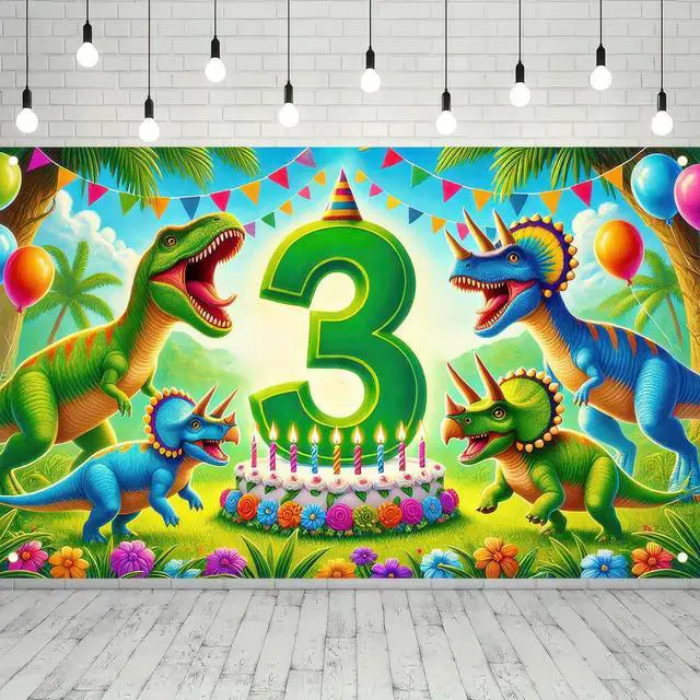 Alt view image 2 of 7 - 3rd Green Dinosaur Birthday Banner 71x43 Inch Polyester | Polyester, green dinosaur 3rd theme, Happy birthday backdrop for porch, hall, garden