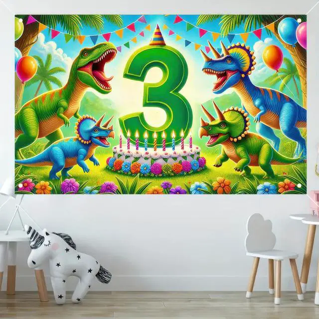 Alt view image 3 of 7 - 3rd Green Dinosaur Birthday Banner 71x43 Inch Polyester | Polyester, green dinosaur 3rd theme, Happy birthday backdrop for porch, hall, garden