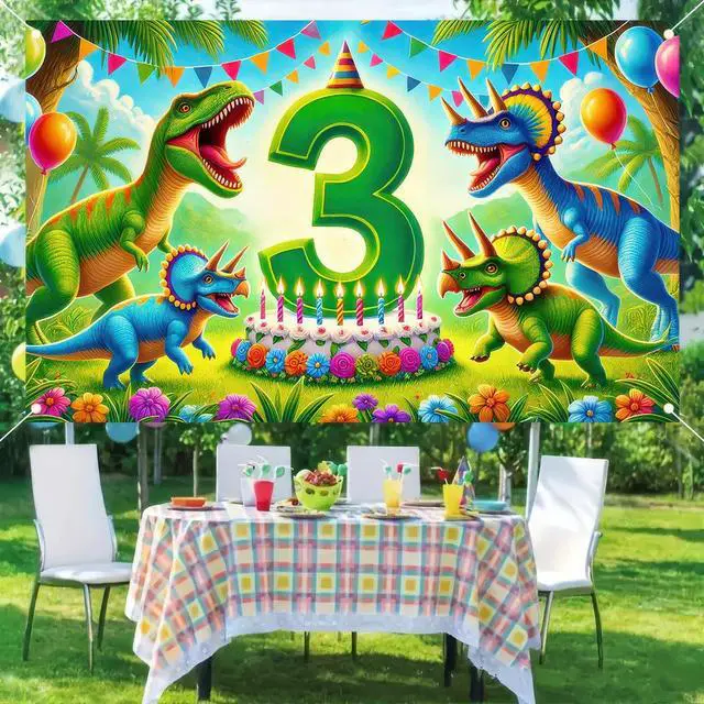 Alt view image 4 of 7 - 3rd Green Dinosaur Birthday Banner 71x43 Inch Polyester | Polyester, green dinosaur 3rd theme, Happy birthday backdrop for porch, hall, garden