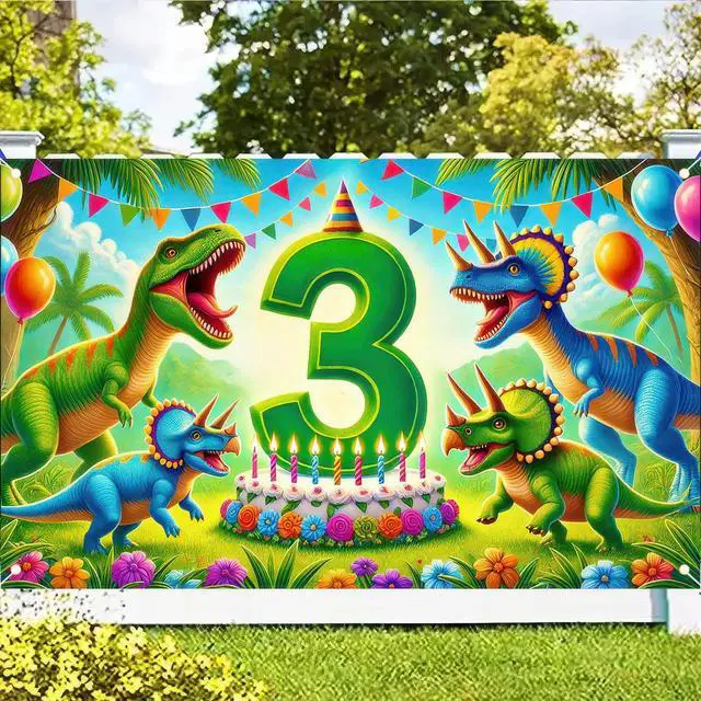Alt view image 6 of 7 - 3rd Green Dinosaur Birthday Banner 71x43 Inch Polyester | Polyester, green dinosaur 3rd theme, Happy birthday backdrop for porch, hall, garden