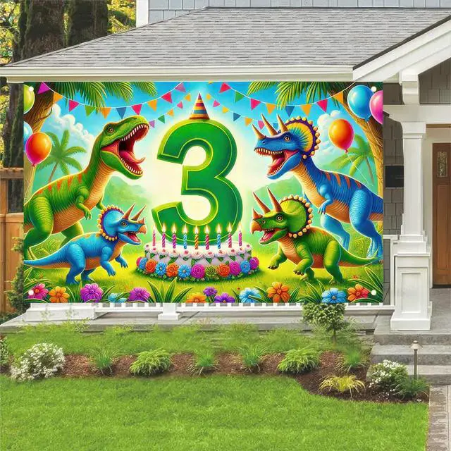 Alt view image 7 of 7 - 3rd Green Dinosaur Birthday Banner 71x43 Inch Polyester | Polyester, green dinosaur 3rd theme, Happy birthday backdrop for porch, hall, garden