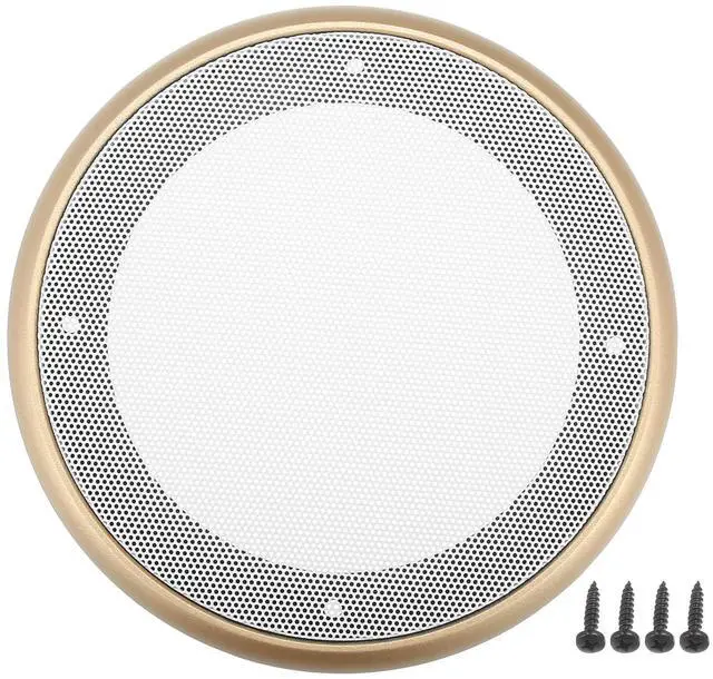 Main image of Universal 5" Car Speaker Grills Cover Mesh Round Pack of 1 | 5 Inch Audio Speaker Subwoofer Guard Protector Case, with Mounting Screws, Iron ABS, Gold Tone White