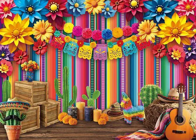 Alt view image 2 of 7 - Mexican Fiesta Backdrop Mexico Cinco De Mayo Colorful Striped Paper Flowers Photography Background Fiesta Carnival Birthday Party Decoration Banner Photo Props (8x6FT)