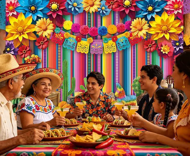 Alt view image 4 of 7 - Mexican Fiesta Backdrop Mexico Cinco De Mayo Colorful Striped Paper Flowers Photography Background Fiesta Carnival Birthday Party Decoration Banner Photo Props (8x6FT)