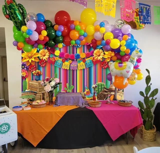Alt view image 3 of 7 - Mexican Fiesta Backdrop Mexico Cinco De Mayo Colorful Striped Paper Flowers Photography Background Fiesta Carnival Birthday Party Decoration Banner Photo Props (8x6FT)