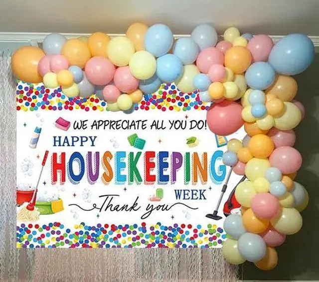 Alt view image 5 of 7 - Happy Housekeeping Week Banner Backdrop 8x6FT Thank You Cleaning Staff Background for Housekeeper Appreciation, Environmental Services Week Party Decorations Photo Props