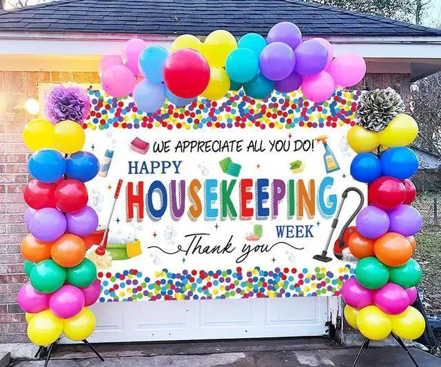 Alt view image 4 of 7 - Happy Housekeeping Week Banner Backdrop 8x6FT Thank You Cleaning Staff Background for Housekeeper Appreciation, Environmental Services Week Party Decorations Photo Props