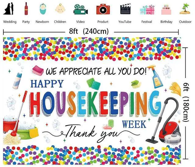 Alt view image 6 of 7 - Happy Housekeeping Week Banner Backdrop 8x6FT Thank You Cleaning Staff Background for Housekeeper Appreciation, Environmental Services Week Party Decorations Photo Props