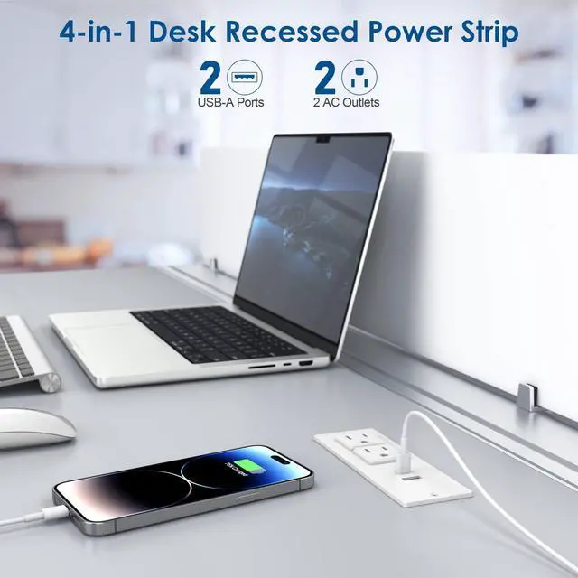 Alt view image 3 of 7 - Small Recessed Power Strip Plug Extension Cord with USB Electrical Outlet Extender Flush Mount Surge Protector Power Adapter Charging Station for Desk Furniture Tabletop Home Office (White)