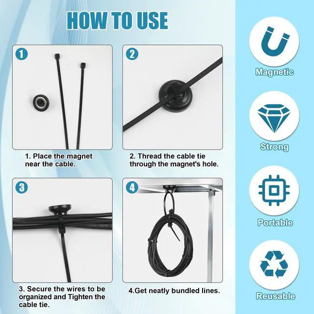 Alt view image 6 of 7 - magnetic zip tie mount Magnetic Zip Ties Mount Base Holder with 100 Pcs Cable Zip Ties, Strong Magnet Wire Holder, Cable Management Clips for Electrical Wiring Home Office Outdoors Organization