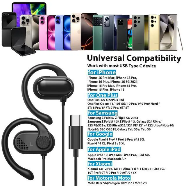 Alt view image 2 of 6 - USB C Headphones Over-Ear Buds Hooks Earbuds Mic for Sports Running | Type-C Wired Earbuds Fit Small Ears Volume Control for iPad/ iPhone 17 16 15 for Samsung S26 S25 S24 Oneplus 15 Pixel 10 8 6