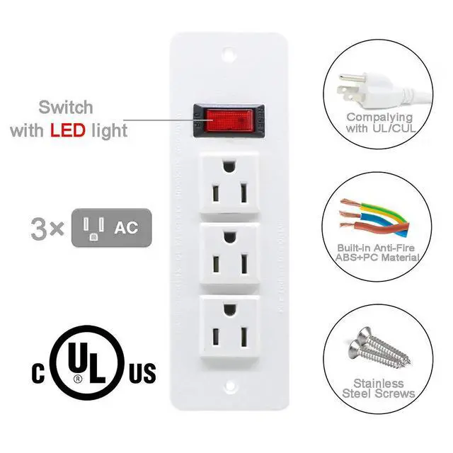Alt view image 3 of 4 - Recessed Power Strip Countertop Power Grommet Desk Mountable Power Strip Behind Drawer Outlets for Cabinet Sofa Shelf UL/ETL Certificated White