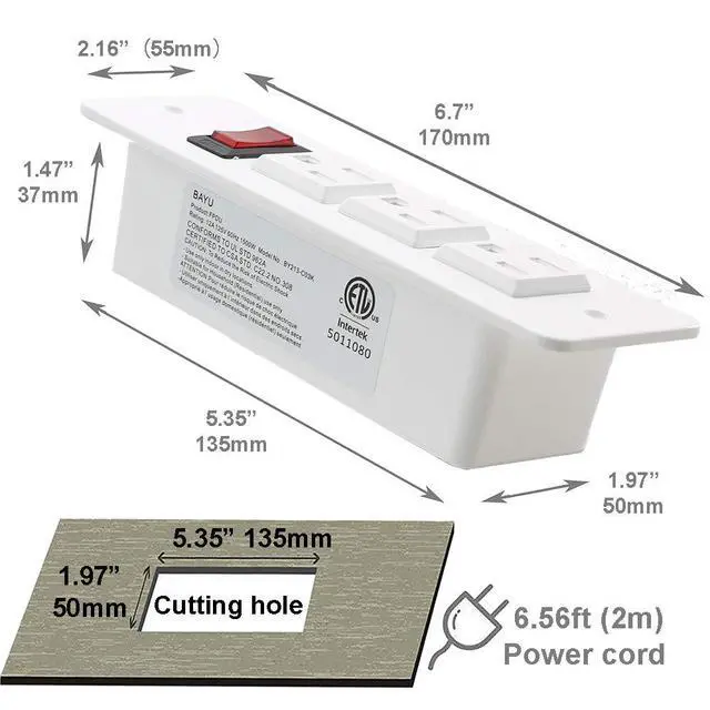 Alt view image 2 of 4 - Recessed Power Strip Countertop Power Grommet Desk Mountable Power Strip Behind Drawer Outlets for Cabinet Sofa Shelf UL/ETL Certificated White