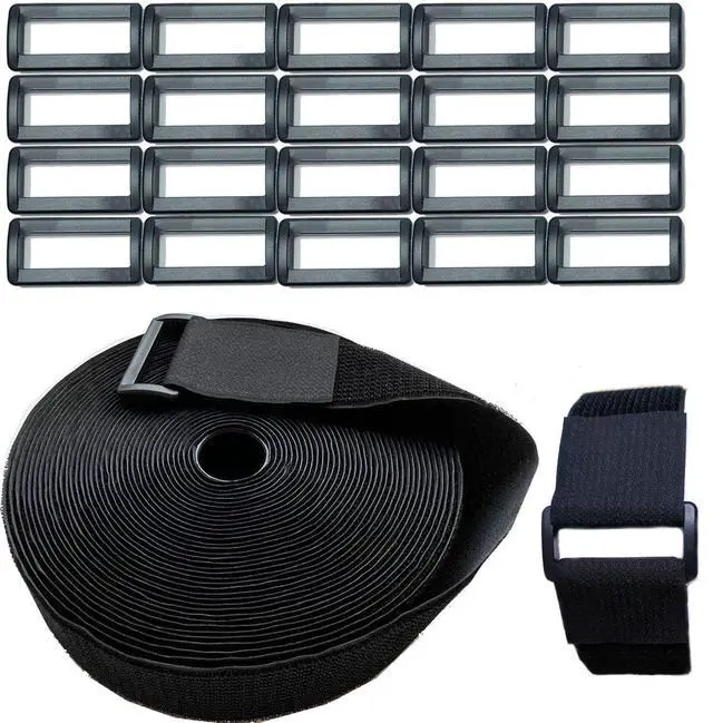 Main image of Wide 2" ×40 Ft Long Hook and Loop Cable Straps with 20 Heavy Plastic Buckles, Adjustable Nylon Tie Down Straps,Free Cut Length and Width, Reusable, Black