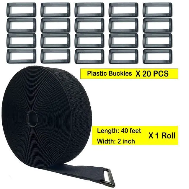 Alt view image 2 of 5 - Wide 2" ×40 Ft Long Hook and Loop Cable Straps with 20 Heavy Plastic Buckles, Adjustable Nylon Tie Down Straps,Free Cut Length and Width, Reusable, Black