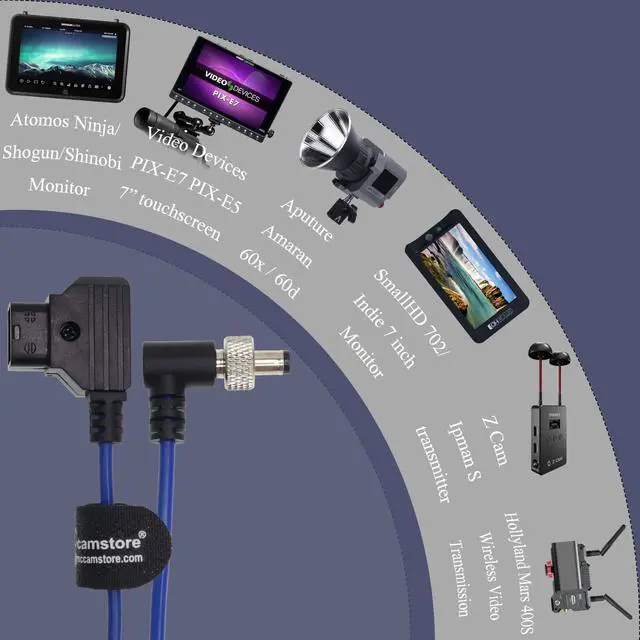 Alt view image 2 of 6 - D-Tap to Locking DC Barrel 5.5x2.1 Monitor Power Cable Compatible for Atomos Inferno Video Devices PIX-E7 PIX-E5 Hollyland Mars 400s Amaran 60X, Blue (Angle Locking, Blue Coiled Cable)