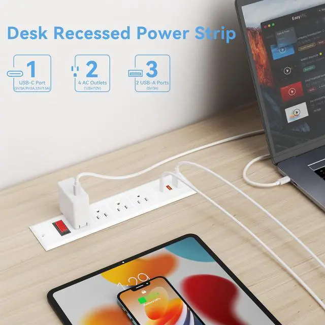 Alt view image 2 of 7 - Furniture Recessed Power Strip with PD 20W USB C Fast Charging, Flush Mount Desk Outlet with 4 AC, Recessed Power Outlets with 6.56ft Power Cord for Desktop, Table, Kitchen,Conference, Office Desk