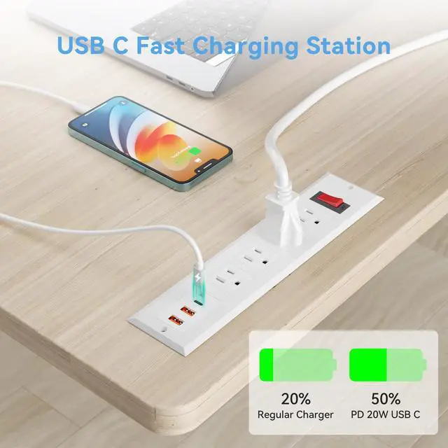 Alt view image 3 of 7 - Furniture Recessed Power Strip with PD 20W USB C Fast Charging, Flush Mount Desk Outlet with 4 AC, Recessed Power Outlets with 6.56ft Power Cord for Desktop, Table, Kitchen,Conference, Office Desk