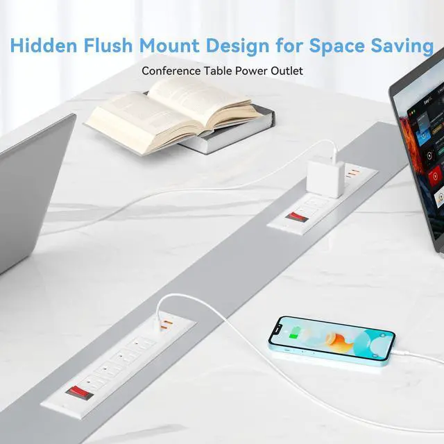 Alt view image 5 of 7 - Furniture Recessed Power Strip with PD 20W USB C Fast Charging, Flush Mount Desk Outlet with 4 AC, Recessed Power Outlets with 6.56ft Power Cord for Desktop, Table, Kitchen,Conference, Office Desk