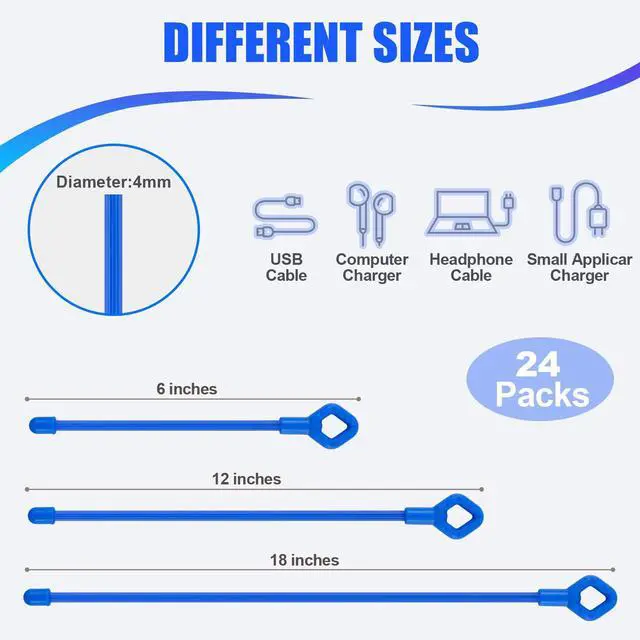 Alt view image 2 of 7 - 24Pcs Reusable Silicone Cable Twist Ties with Holes 6, 12, 18 inch | Blue Bendable Rubber Twist Ties for Cords, All Purpose Cord Tie for Bundling and Holding Indoor and Outdoor Use