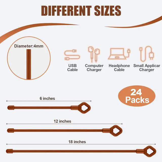 Alt view image 2 of 7 - 24Pcs Reusable Silicone Cable Twist Ties with Holes 6, 12, 18 inch | Brown Bendable Rubber Twist Ties for Cords, All Purpose Cord Tie for Bundling and Holding Indoor and Outdoor Use