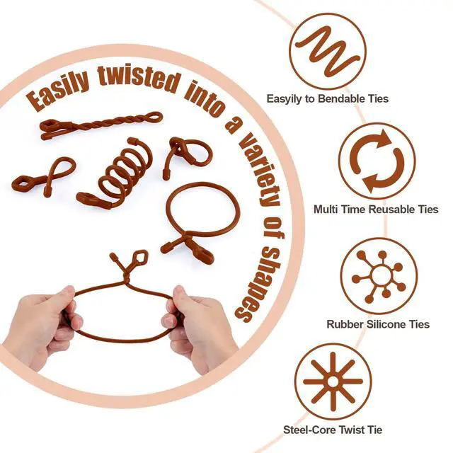 Alt view image 4 of 7 - 24Pcs Reusable Silicone Cable Twist Ties with Holes 6, 12, 18 inch | Brown Bendable Rubber Twist Ties for Cords, All Purpose Cord Tie for Bundling and Holding Indoor and Outdoor Use