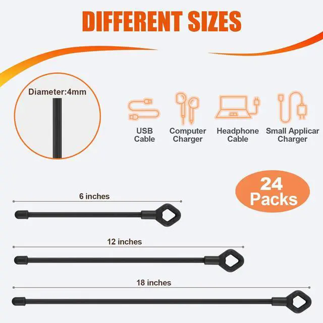 Alt view image 2 of 7 - 24Pcs Reusable Silicone Cable Twist Ties with Holes 6, 12, 18 inch | Black Bendable Rubber Twist Ties for Cords, All Purpose Cord Tie for Bundling and Holding Indoor and Outdoor Use