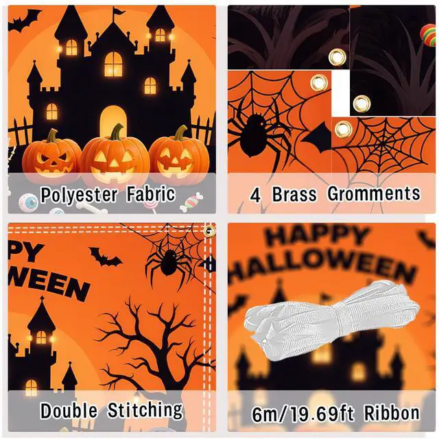 Alt view image 2 of 6 - Happy Halloween Backdrop - Extra Large 83 x 59 Inch Halloween Backdrop with 19.69ft Ribbon | Spooky Pumpkin & Ghost Decorations for Outdoor & Indoor Parties