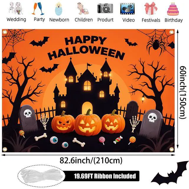 Alt view image 3 of 6 - Happy Halloween Backdrop - Extra Large 83 x 59 Inch Halloween Backdrop with 19.69ft Ribbon | Spooky Pumpkin & Ghost Decorations for Outdoor & Indoor Parties