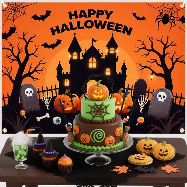 Alt view image 4 of 6 - Happy Halloween Backdrop - Extra Large 83 x 59 Inch Halloween Backdrop with 19.69ft Ribbon | Spooky Pumpkin & Ghost Decorations for Outdoor & Indoor Parties