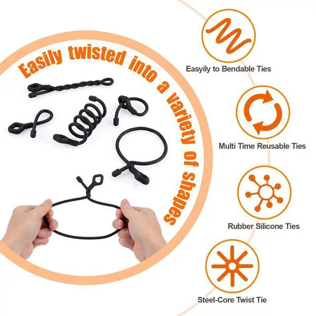 Alt view image 4 of 7 - 24Pcs Reusable Silicone Cable Twist Ties with Holes 6, 12, 18 inch | Black Bendable Rubber Twist Ties for Cords, All Purpose Cord Tie for Bundling and Holding Indoor and Outdoor Use