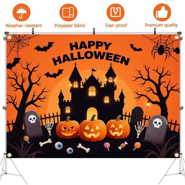 Alt view image 6 of 6 - Happy Halloween Backdrop - Extra Large 83 x 59 Inch Halloween Backdrop with 19.69ft Ribbon | Spooky Pumpkin & Ghost Decorations for Outdoor & Indoor Parties