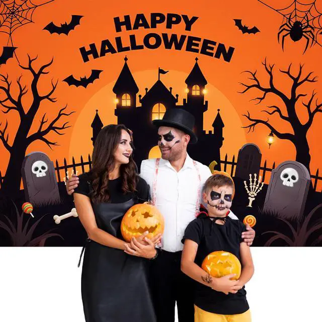 Alt view image 5 of 6 - Happy Halloween Backdrop - Extra Large 83 x 59 Inch Halloween Backdrop with 19.69ft Ribbon | Spooky Pumpkin & Ghost Decorations for Outdoor & Indoor Parties