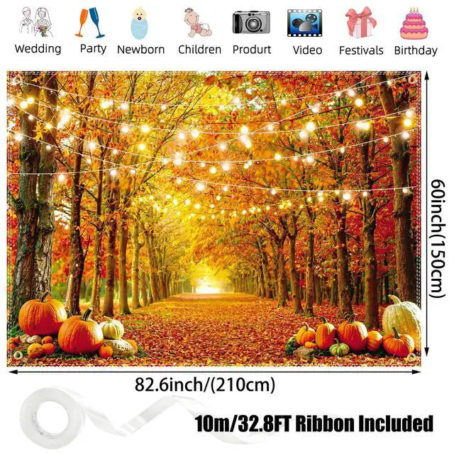 Alt view image 3 of 5 - 7x5FT Fall Backdrop Autumn Photography Background with 6m Ribbon Thanksgiving Decor with Maple Leaves, Pumpkins & Forest Scenery for Friendsgiving, Newborn Photo, Party