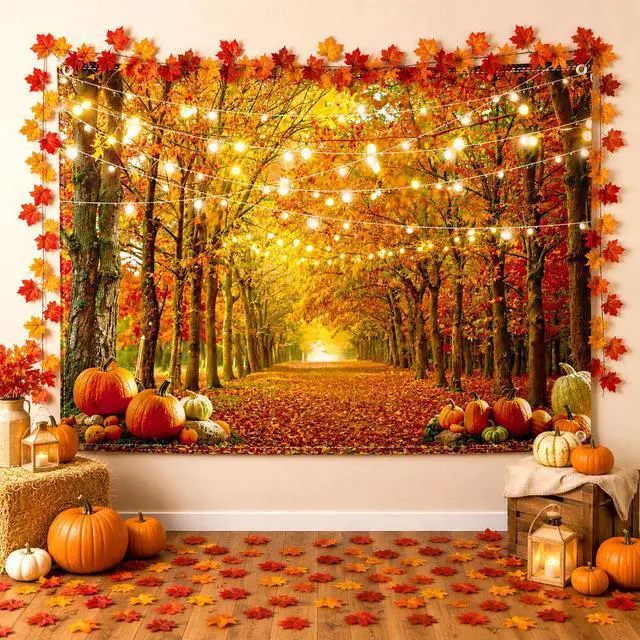 Alt view image 4 of 5 - 7x5FT Fall Backdrop Autumn Photography Background with 6m Ribbon Thanksgiving Decor with Maple Leaves, Pumpkins & Forest Scenery for Friendsgiving, Newborn Photo, Party