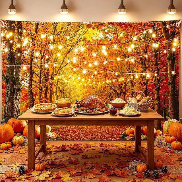 Alt view image 5 of 5 - 7x5FT Fall Backdrop Autumn Photography Background with 6m Ribbon Thanksgiving Decor with Maple Leaves, Pumpkins & Forest Scenery for Friendsgiving, Newborn Photo, Party