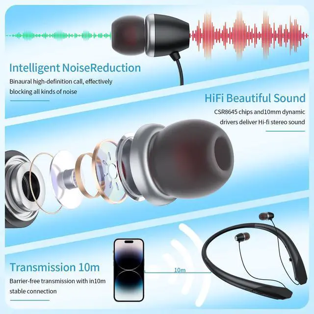 Alt view image 4 of 7 - 2026 Upgraded Bluetooth Headset - Wireless Neckband Bluetooth Headphones with Retractable Earbuds, Extended Battery Life, and Intuitive Controls for Sports, Office, and Travel (Black)