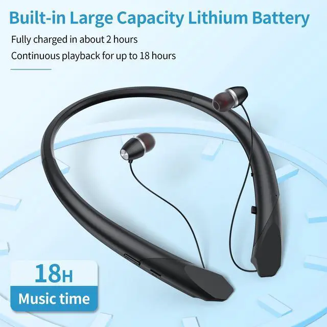 Alt view image 5 of 7 - 2026 Upgraded Bluetooth Headset - Wireless Neckband Bluetooth Headphones with Retractable Earbuds, Extended Battery Life, and Intuitive Controls for Sports, Office, and Travel (Black)