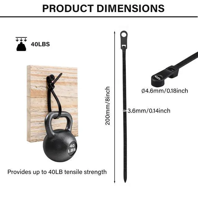 Alt view image 2 of 6 - Black Zip Ties with Screw Hole 8 Inch 250 PCS, 40lbs Heavy Duty Nylon Mountable Cable Ties for Indoor & Outdoor Use, Cable Management Straps